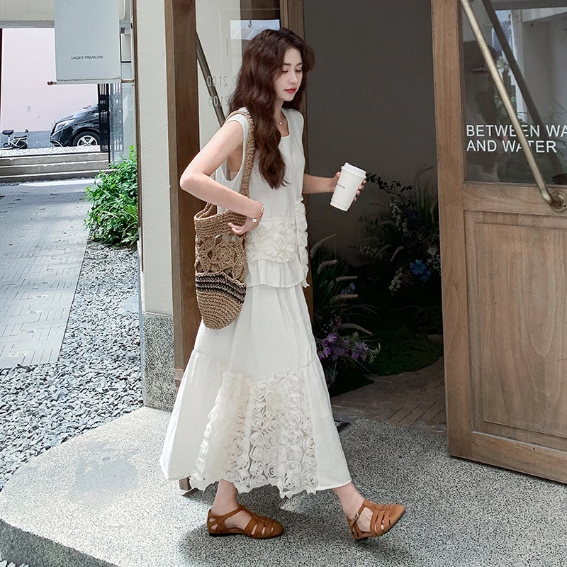 设计感拼接白玫瑰花俩件套连衣裙吊带裙蕾丝无袖显瘦时尚裙子套装