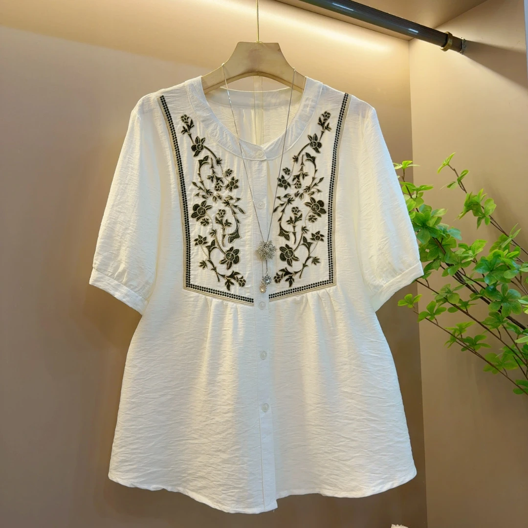 2025年夏季新款时尚百搭刺绣圆领设计款短袖上衣（衣长65左右）