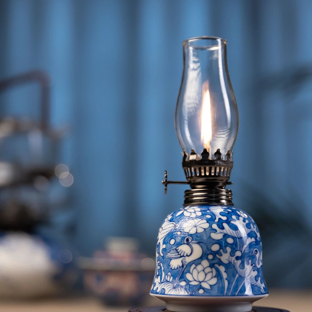 景德镇陶瓷灯摆件茶室氛围一鹭连升青花手工手绘复古茶室氛围灯