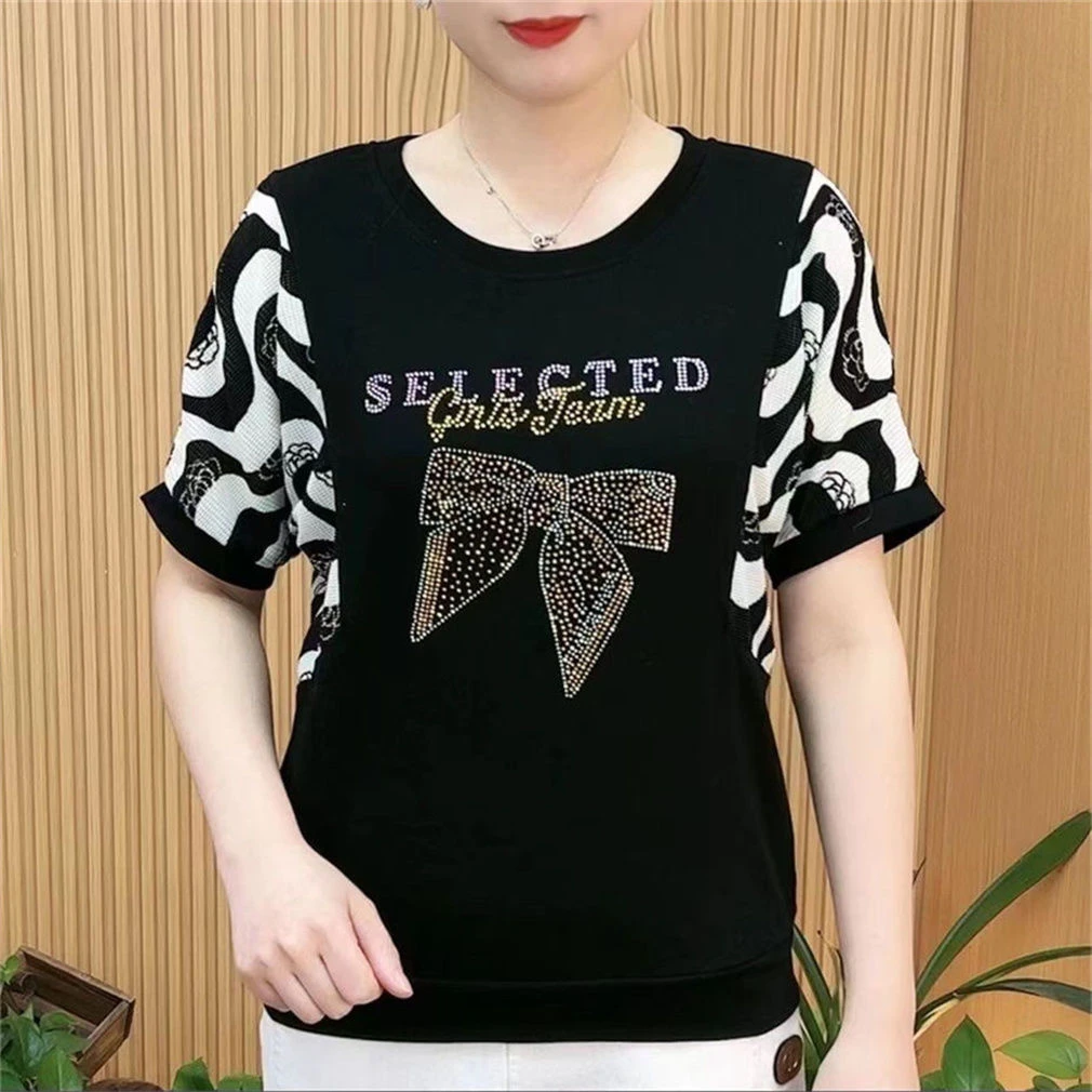 夏季中老年妈妈时尚减龄短袖T恤条纹宽松大码洋气烫钻印花上衣杉