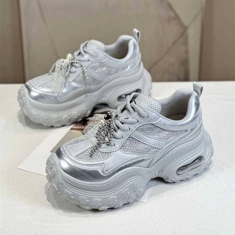 真皮松糕网面蕾丝老爹鞋女2025新款夏镂空透气厚底炸街运动休闲鞋