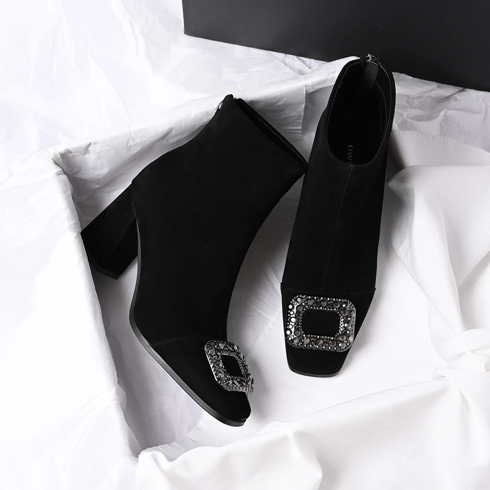 真皮羊皮水钻时装靴女秋冬季粗跟磨砂方头中跟后拉链百搭简约短靴