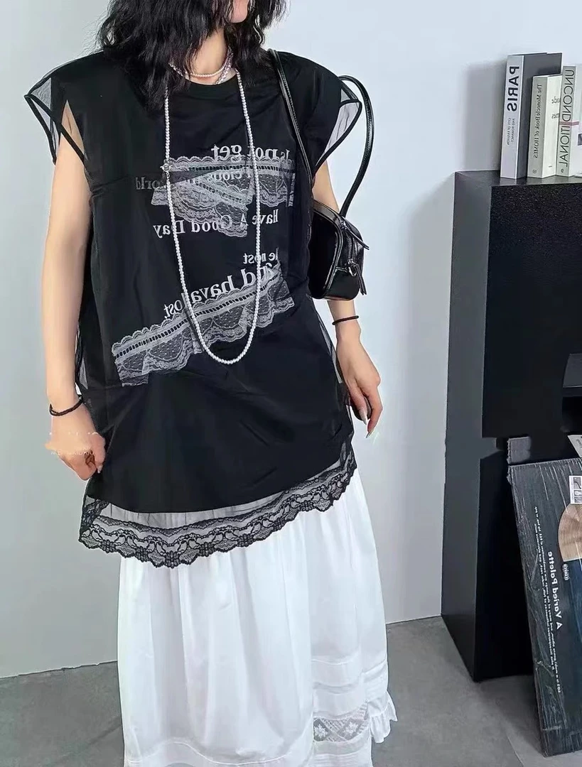 60360#5870#夏季新款拼接网纱气质蕾丝T恤圆领显瘦百搭短袖连衣裙