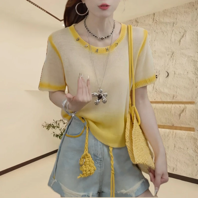2025夏季新款针织衫女短袖上衣上档次时尚爆款圆领洋气女款小衫