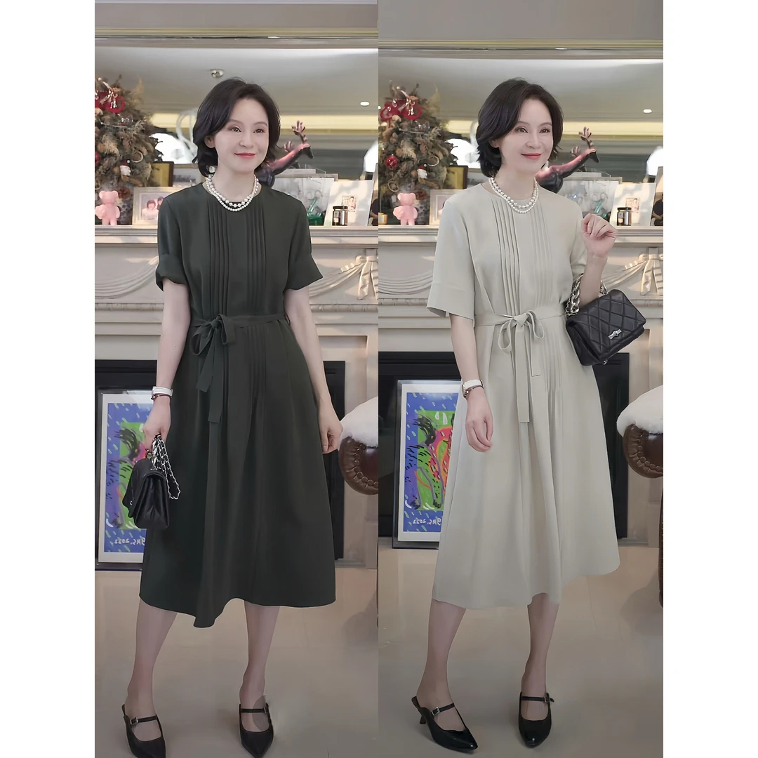 我是摩羯 黄金海岸2.0 30姆米6A桑蚕丝弹力重绉圆领打条夏连衣裙