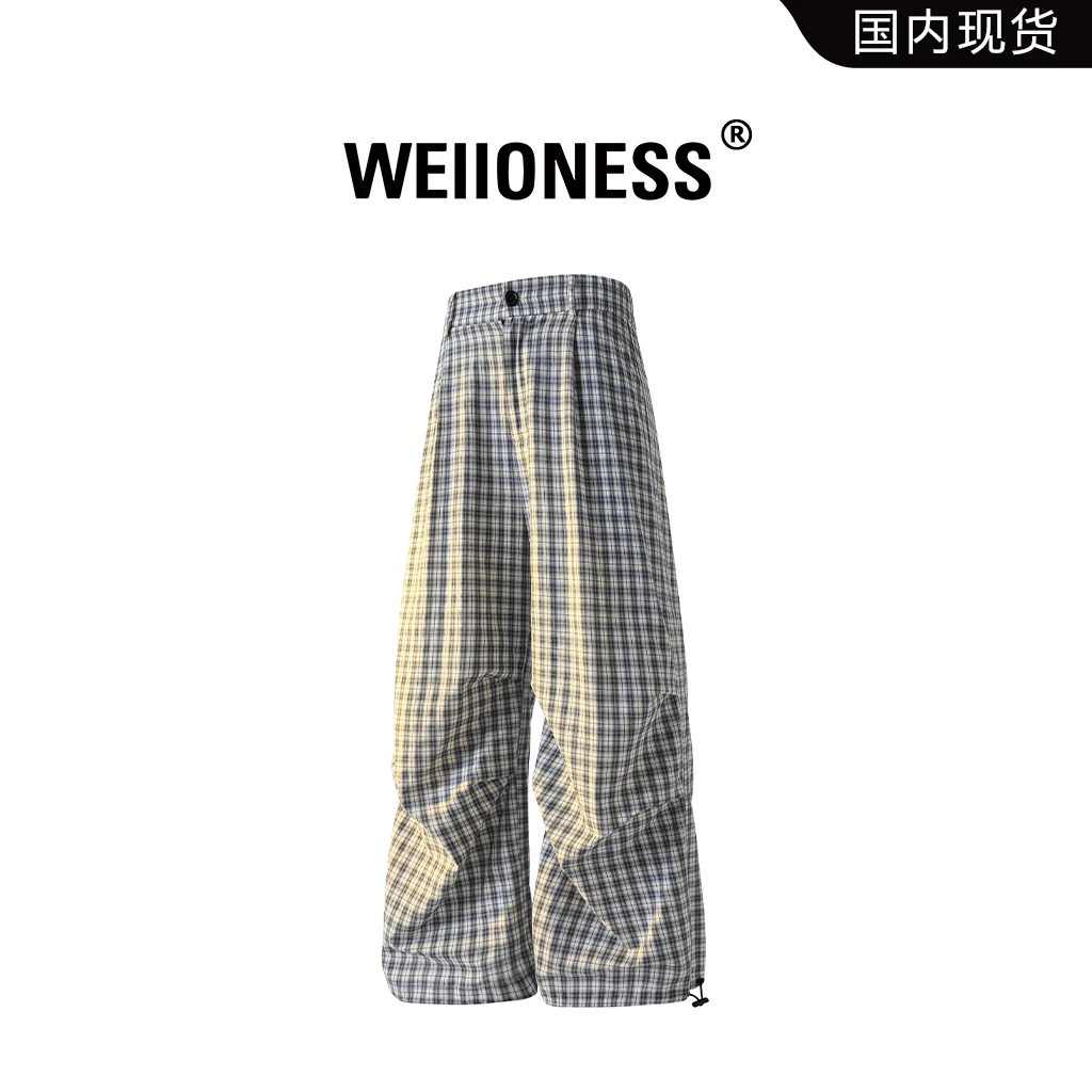 WEIIONESS休闲裤男夏季宽松百搭褶皱设计感格子裤高级感男装长裤