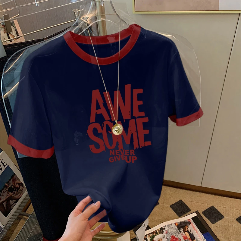 设计感彩色圆领拼接撞色短袖T恤女夏季2025新款百搭时尚体恤上衣