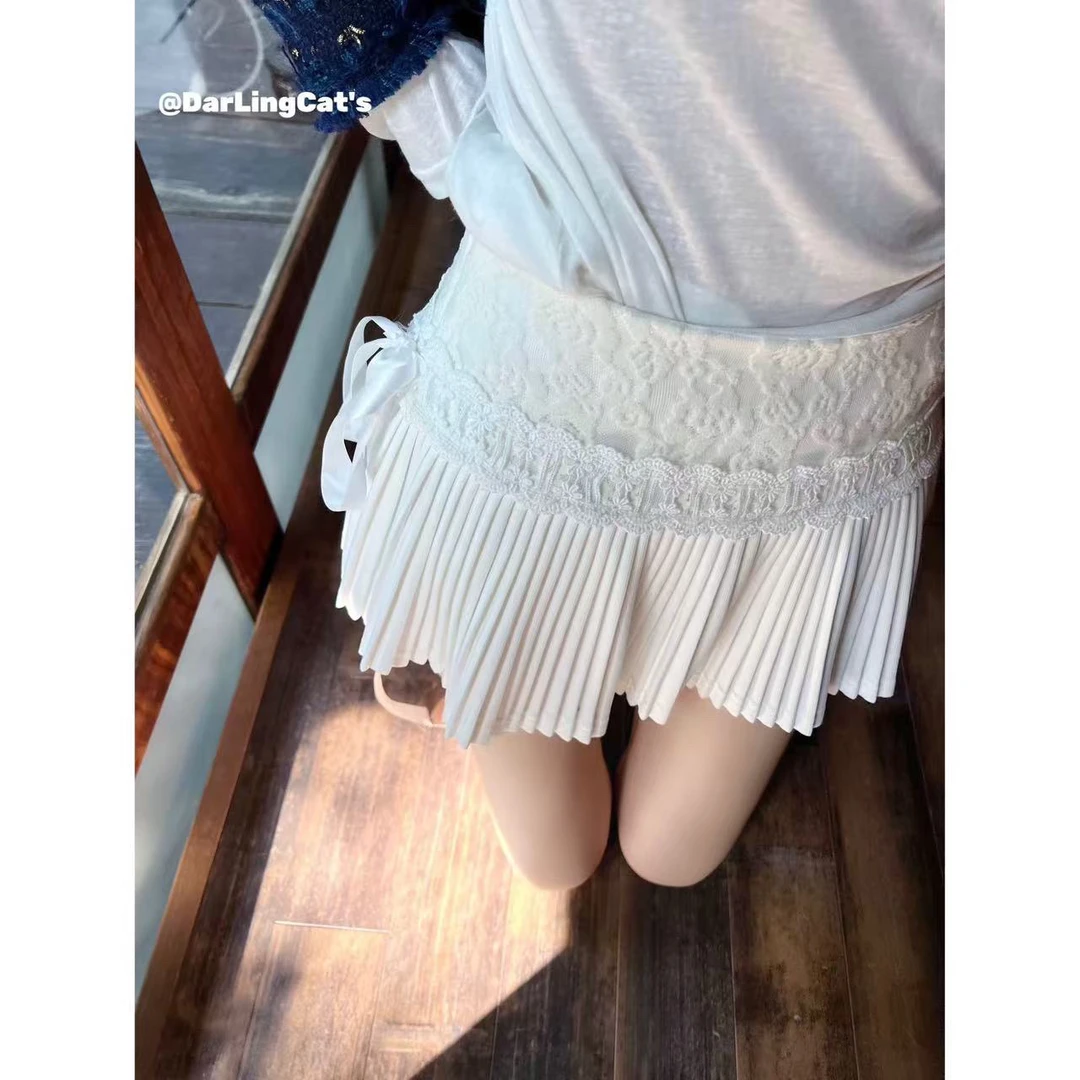 大脸喵 赋予美貌 四季纯欲少女感百搭蛋糕百褶裙蕾丝拼接系带短裙