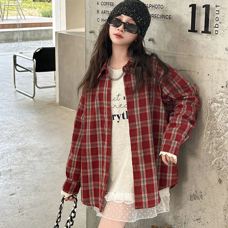 女童格子衬衫套装春装2025新款洋气时尚儿童百搭打底衫潮范两件套