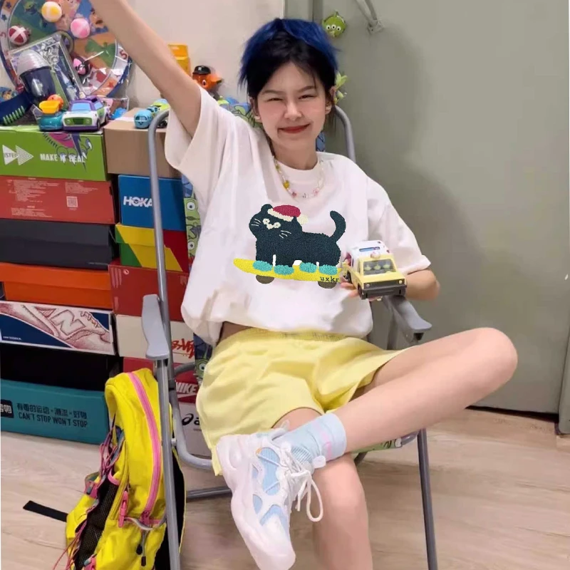 夏季新款元气减龄毛巾绣立体滑板小猫宽松休闲短袖T恤#CX031