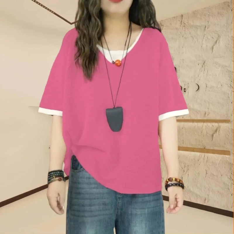 夏季宽松短袖假两件T恤女新款休闲百搭时尚宽松显瘦撞色V领上衣
