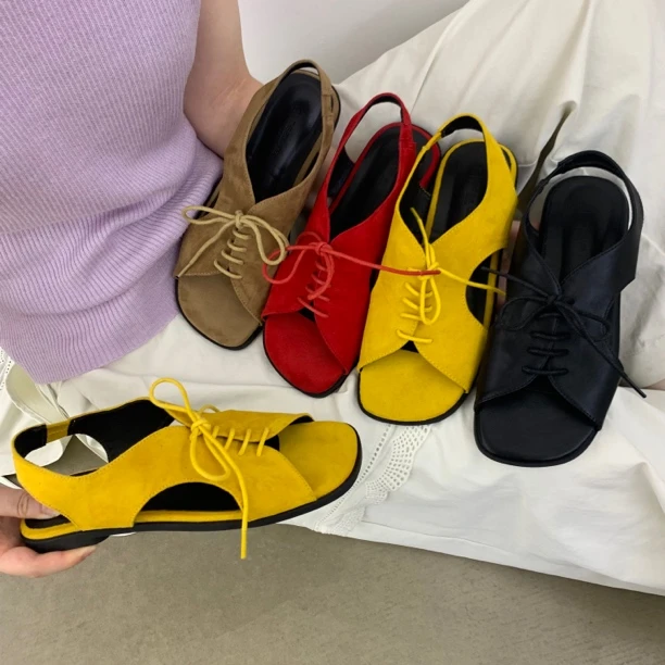 韩版夏季休闲罗马鞋方头露趾凉鞋绒面百搭时装凉鞋外穿系带凉鞋