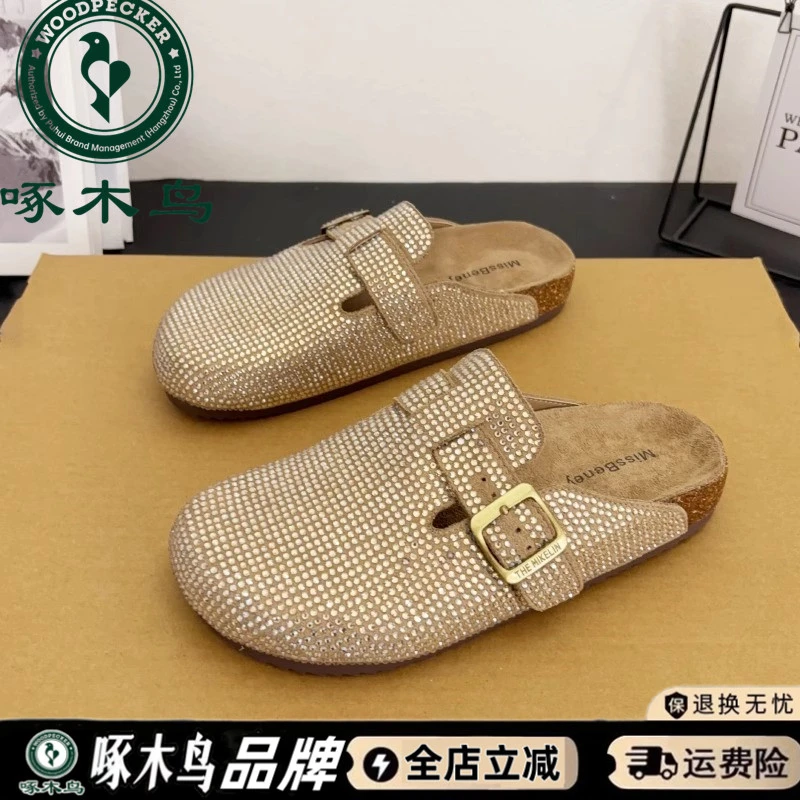 啄木鸟厚底水钻包头半拖女2025春夏季新款勃肯鞋轻便一脚蹬凉拖鞋