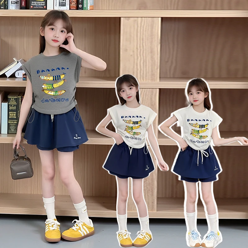 女童抽绳T恤短裙套装夏季2025新款中大童薄款裙裤短袖休闲两件套