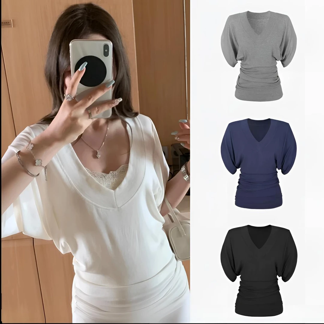 2025夏季新款气质洋气V领小众设计款短袖显瘦薄款百搭性感女上衣