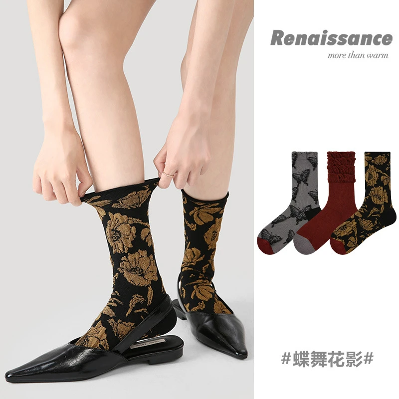 Renaissance一件代发袜子女蝴蝶小众设计感金黄花卉中筒袜秋冬