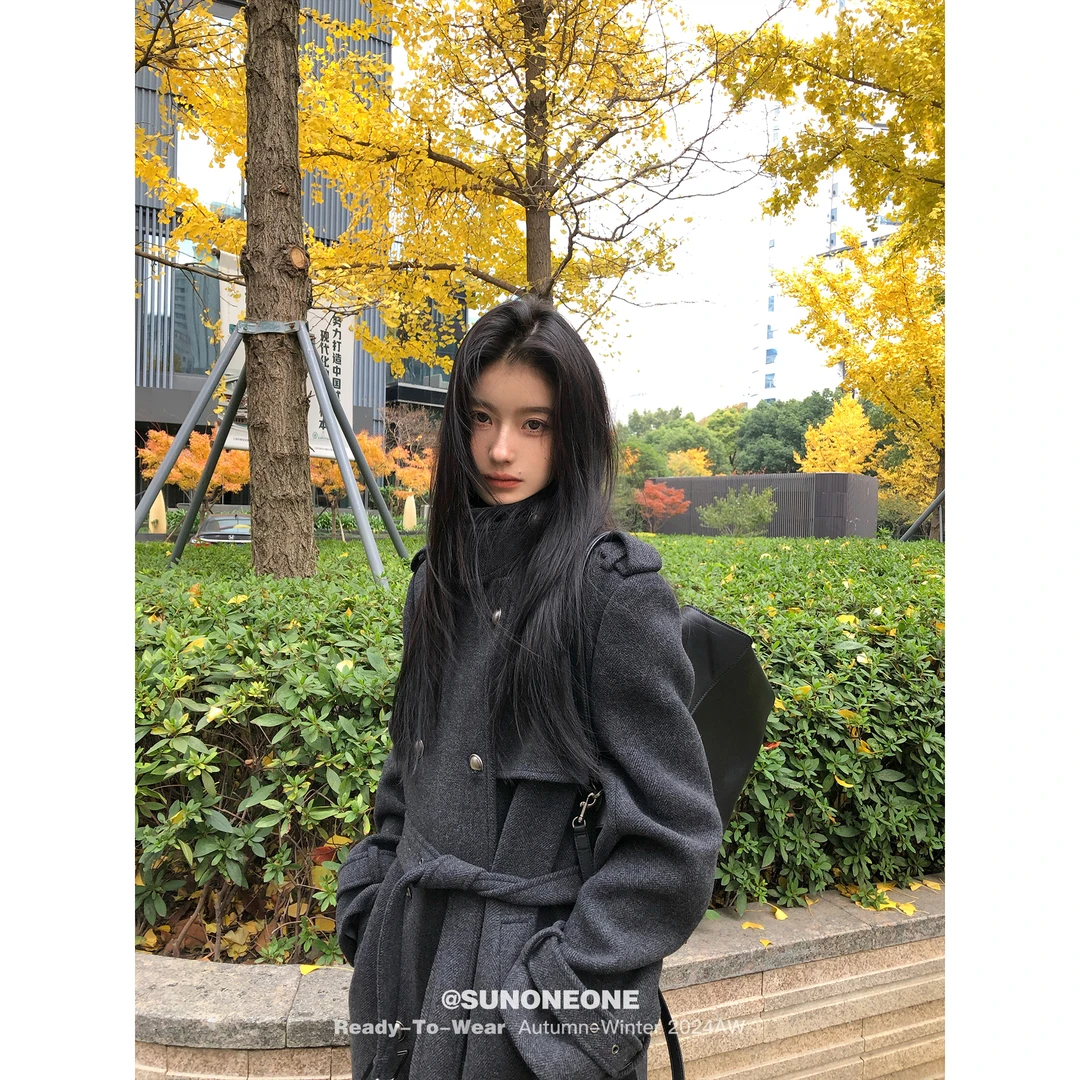 SUNONEONE 英伦风羊毛毛呢大衣女秋季气质宽松长款风衣外套H0479W