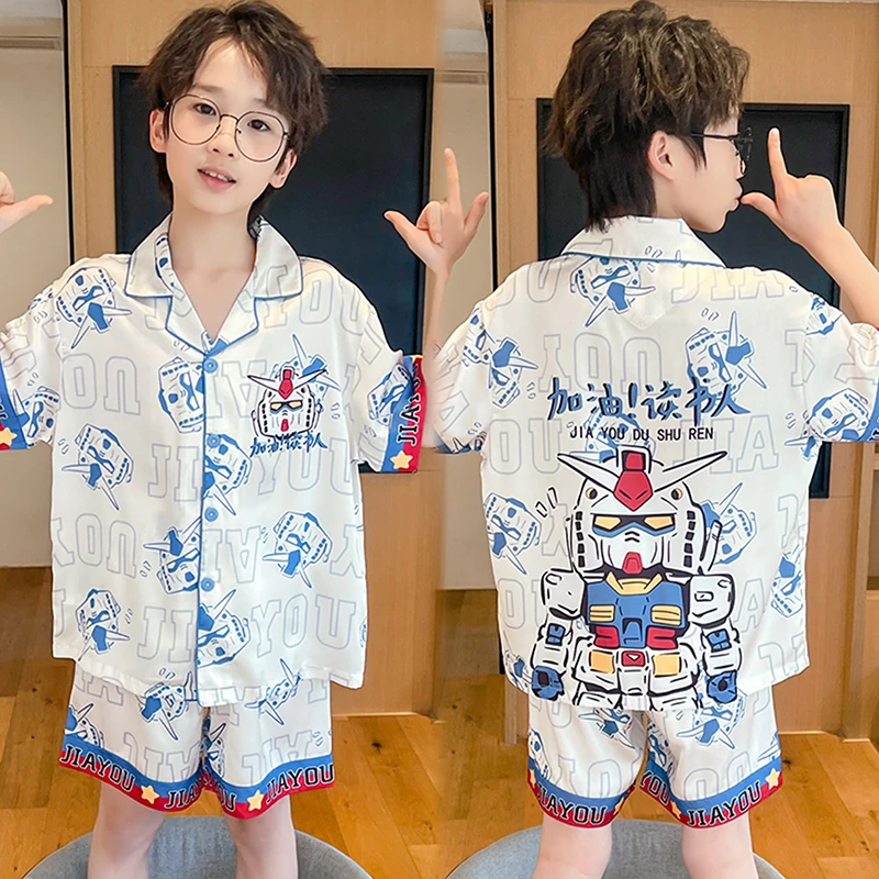 男童睡衣卡通高达冰雪丝凉感儿童中大童女孩夏季薄款空调房家居服