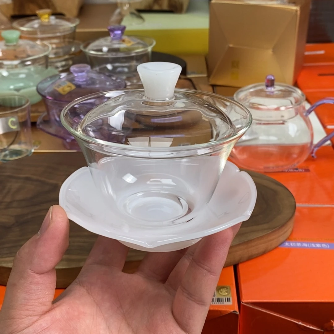 荷叶盖碗白玉色样品微瑕