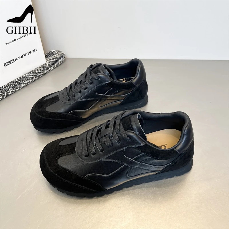 欧洲站羊皮平底德训鞋女秋冬新款圆头系带休闲运动板鞋阿甘鞋