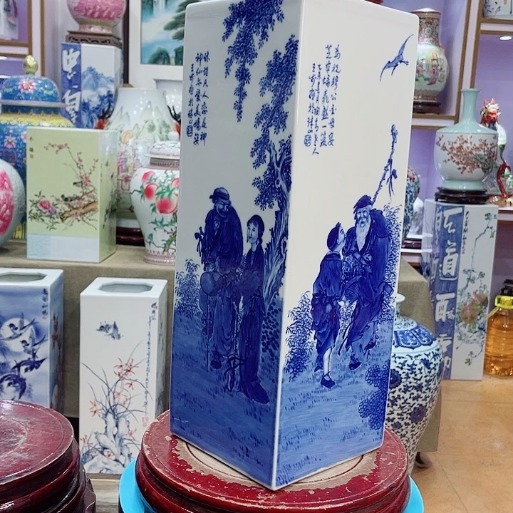 花瓶全手工釉下青花四方镶器