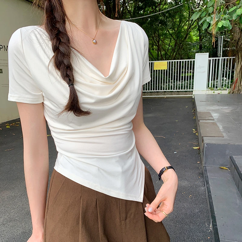 新款夏季时尚设计感收腰抽褶短袖T恤白色显瘦女正肩气质漂亮上衣