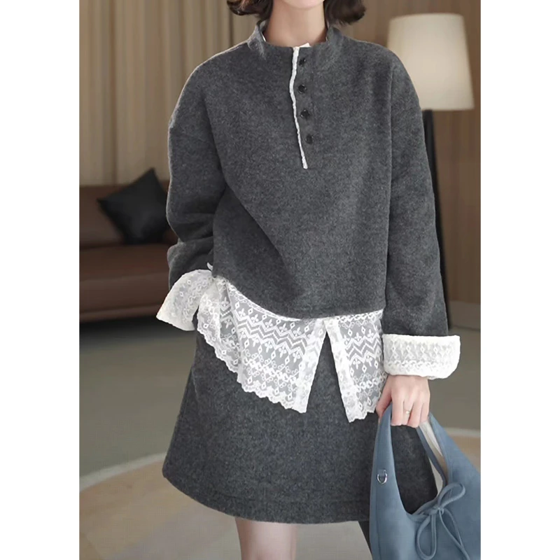 松弛感时尚气质加绒套装女秋冬新款拼接蕾丝下摆卫衣高腰半裙套装