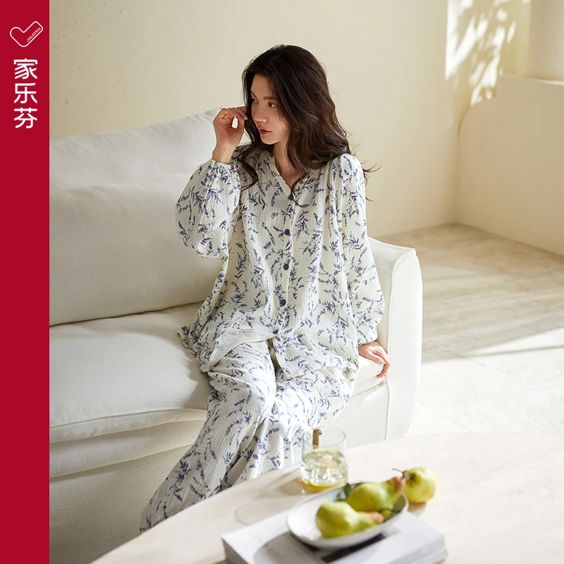 家乐芬睡衣女士春秋款梭织棉长袖薄款纯棉纱布家居服全棉开衫套装