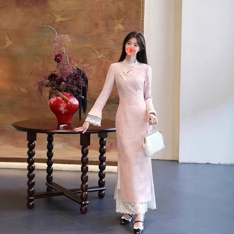 春秋新中式民国风粉色古风传统改良旗袍长袖复古哒女日常假两件裙