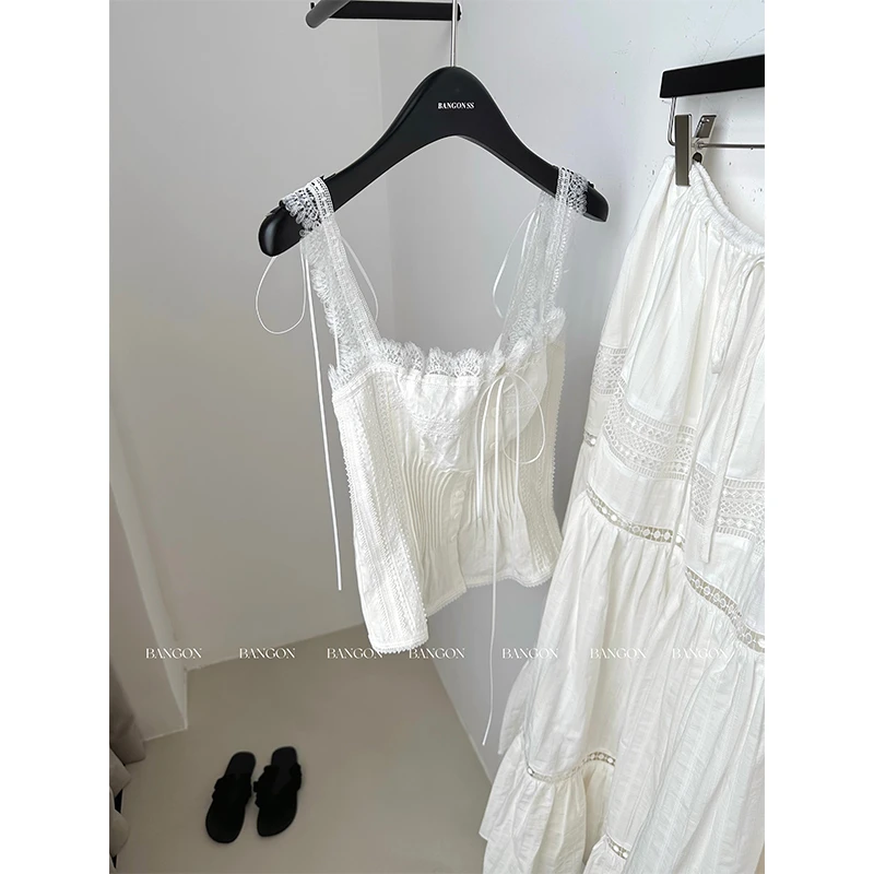 BANGON 白色蕾丝吊带套装裙甜美气质温柔风2025年新款显瘦两件套