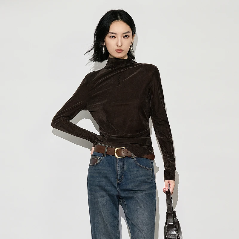 XG雪歌咖色丝绒T恤XK401011A172中高领打底衫弹力显瘦秋冬女