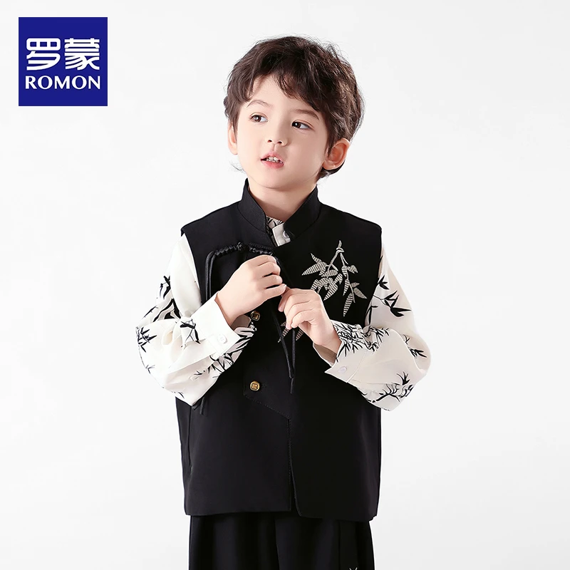 罗蒙男童新中式唐装春秋新款国潮西装演出服儿童立领竹叶马甲套装