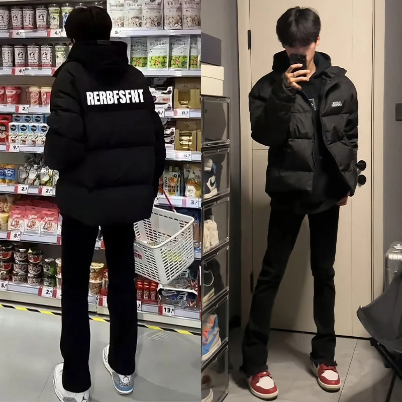 黑色vintage美式白鸭绒冬季羽绒服男立领保暖宽松潮牌高街外套