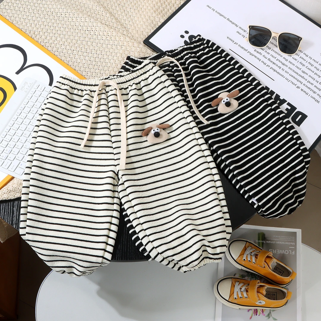 夏季男女童裤子雪绒条纹裤新款韩版洋气百搭休闲束腿卫裤薄款宽松