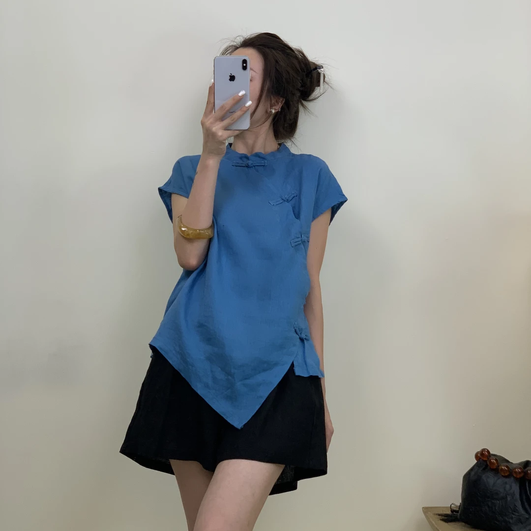 YILE·【楼兰】新中式复古100%亚盘扣无袖坎肩禅意衬衫上衣