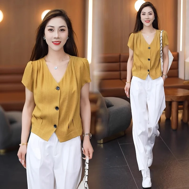 时尚短袖衬衫女2025夏季新款洋气减龄宽松显瘦设计感百搭休闲上衣
