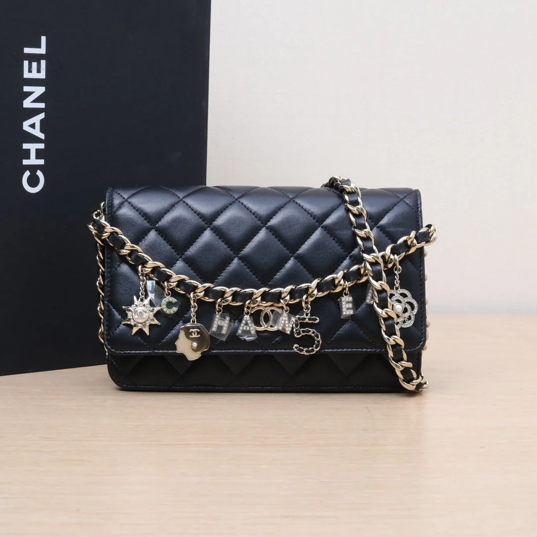 99新 Chanel/香奈儿 【双双】21P CF WOC 19cm31开金属徽章皮穿链