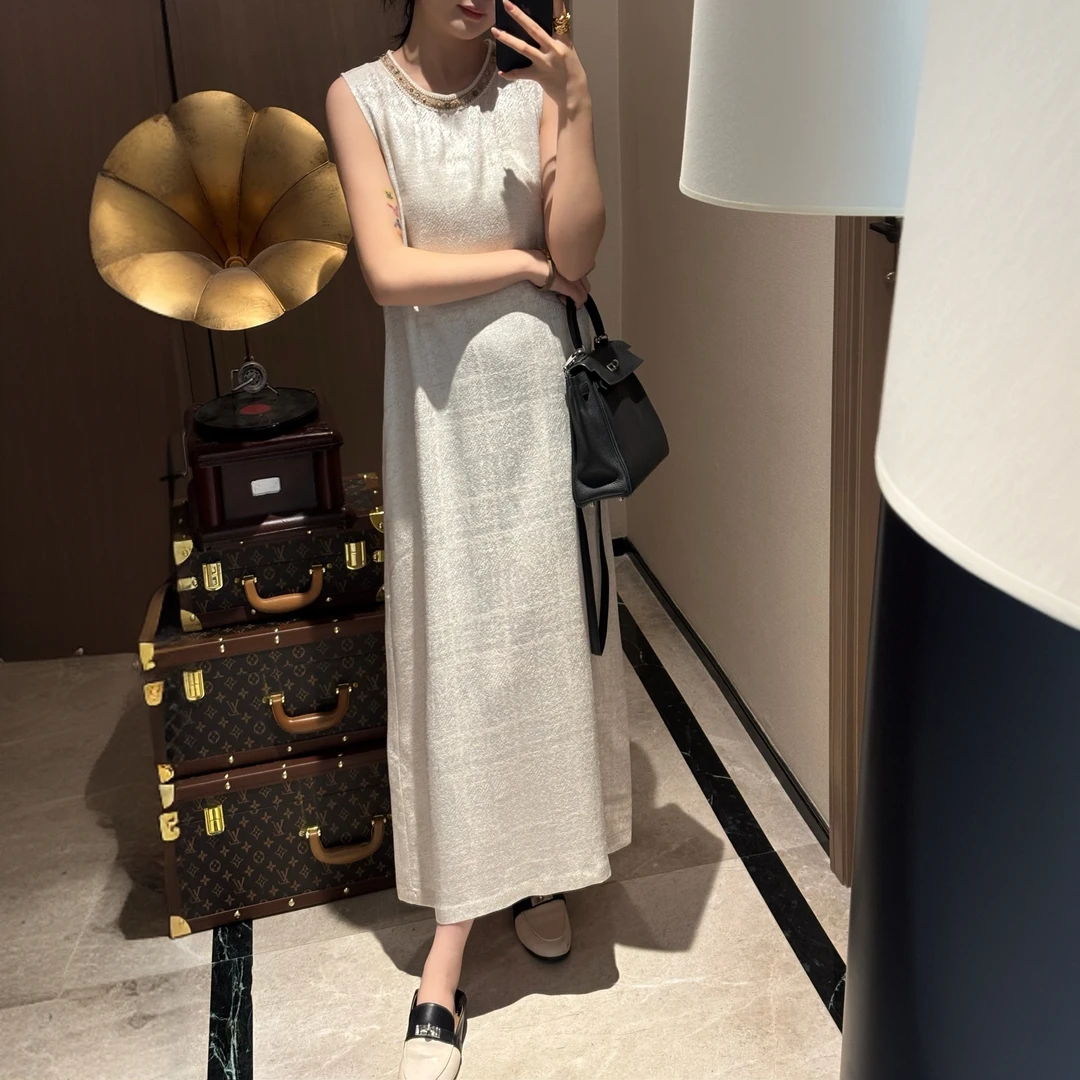 夏季新款法式赫本风亚麻连衣裙 无袖高腰宽松显瘦长裙