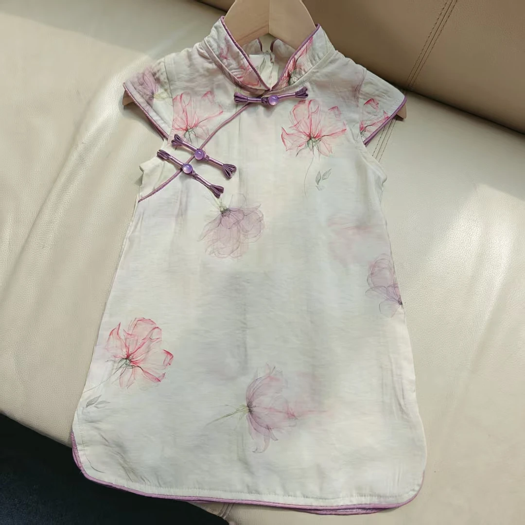 现货中大童【紫烟】SC043 2025女童夏季国风小花旗袍裙