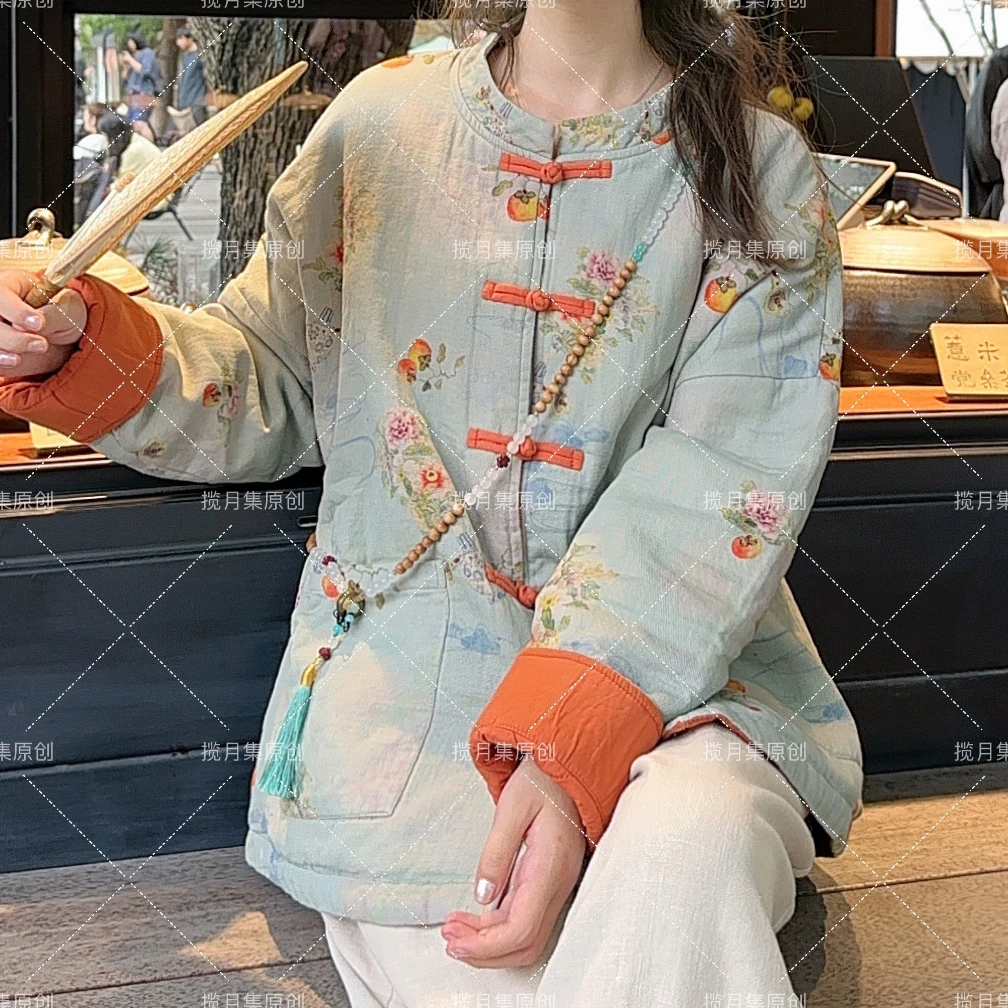新中式复古夹棉保暖立领盘扣柿柿如意印花国风秋冬棉花棉袄外套