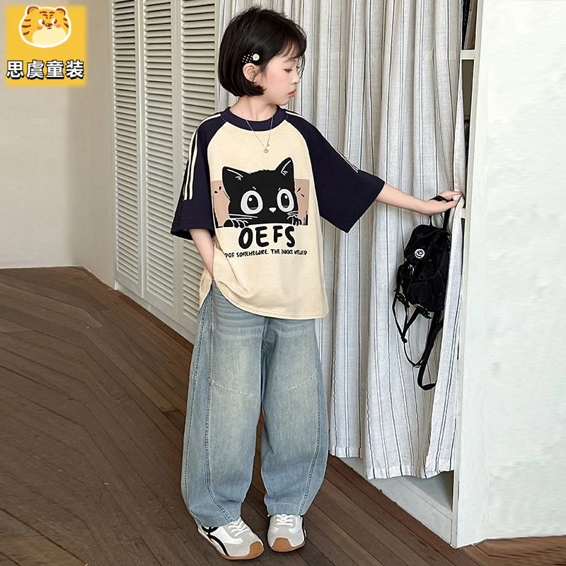 女孩夏天时尚短袖T恤时髦弯刀牛仔裤套装2025网红热款休闲百搭