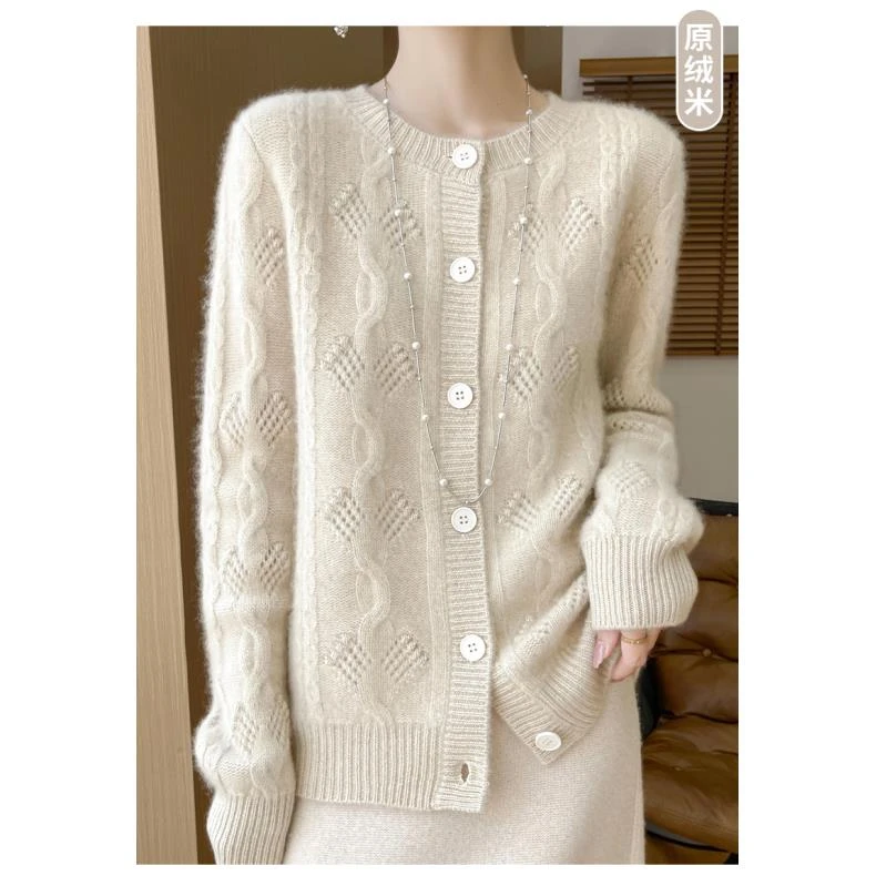 100纯羊毛圆领加厚开衫D332清