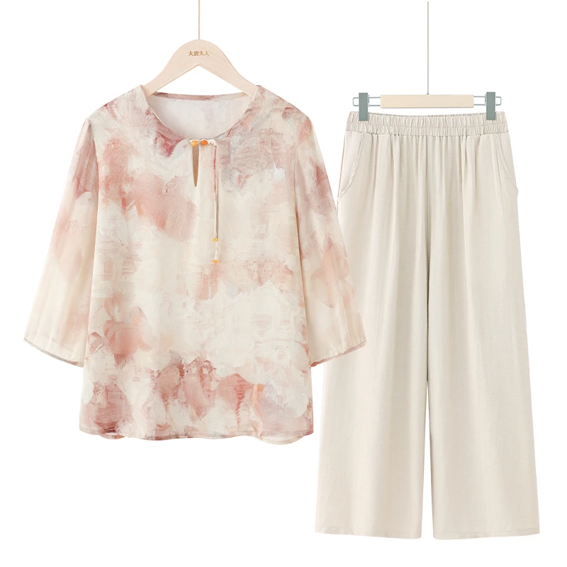 【大唐夫人】妈妈春夏装雪纺T恤中老年人女奶奶衣服洋气时尚套装