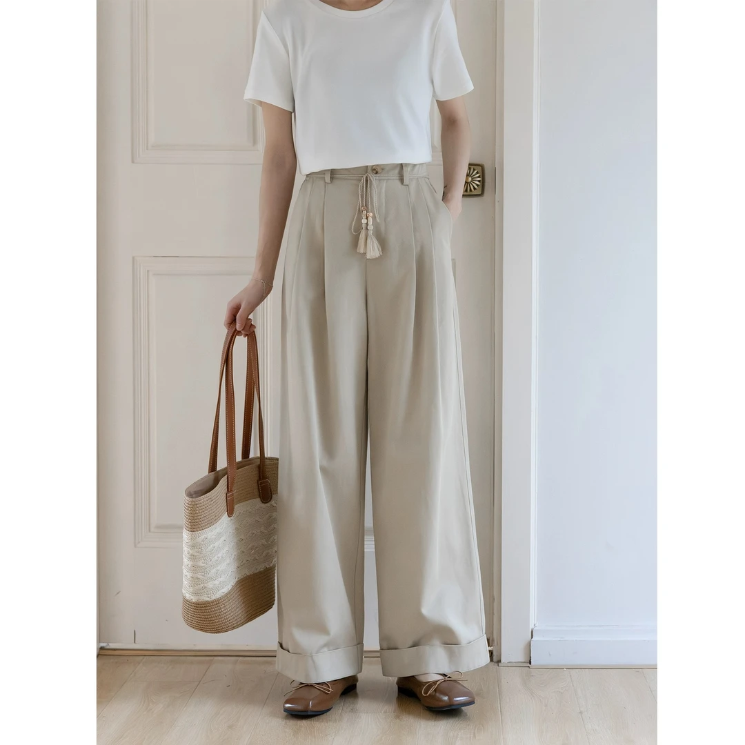 流浪地图/流苏腰带 白色翻边休闲裤女秋阔腿直筒小个子宽松长裤新