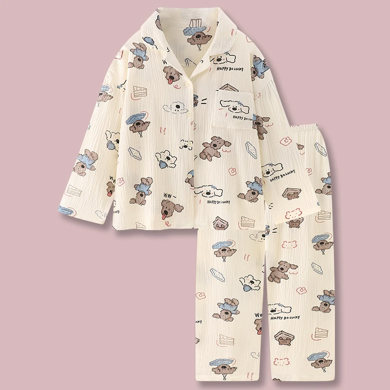 『开心小狗』日系可爱亲肤纯棉纱布睡衣女春秋款2025新款家居服套