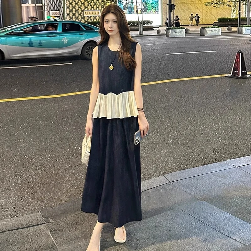 时尚连衣裙套装女2025夏季新款洋气显瘦拼接无袖上衣半身裙两件套