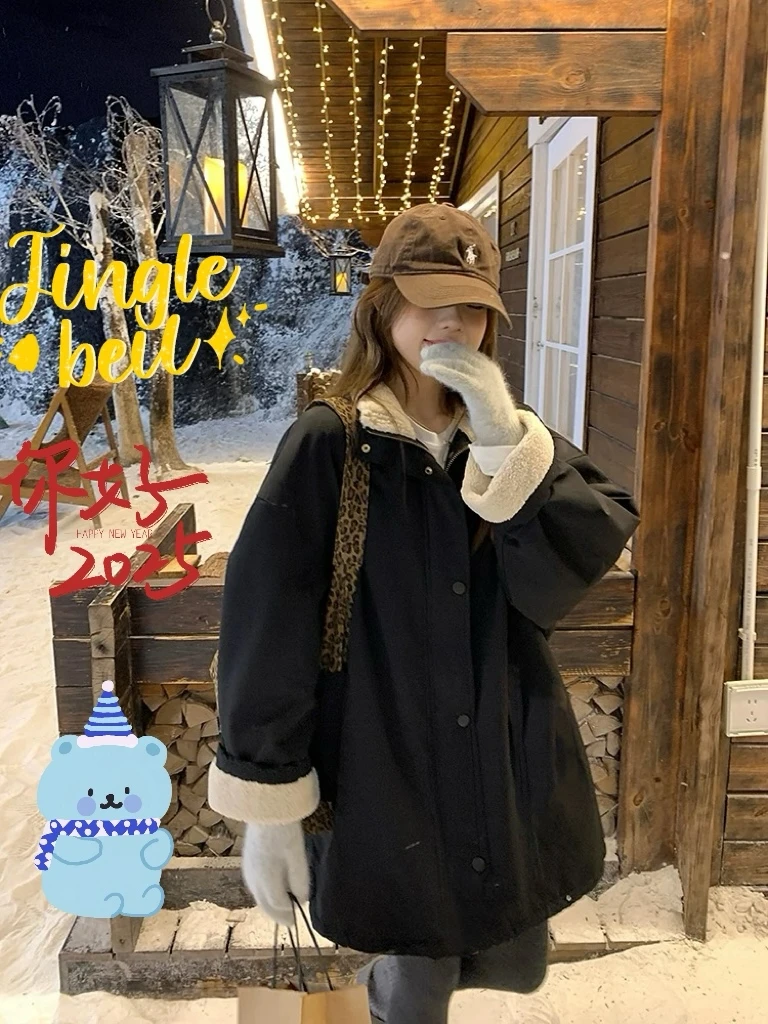 @836 清仓 高级感黑色毛茸茸翻领中长款外套女加绒加厚宽松冬季新