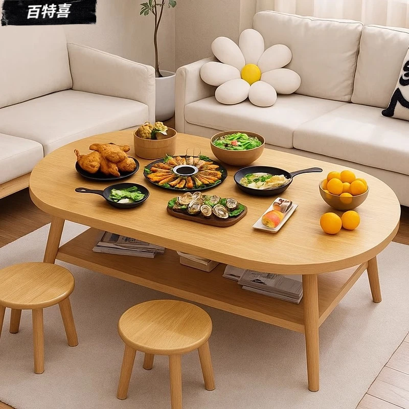 实木腿餐桌家用小户型出租屋用吃饭桌子简约现代椭圆形原木风茶几