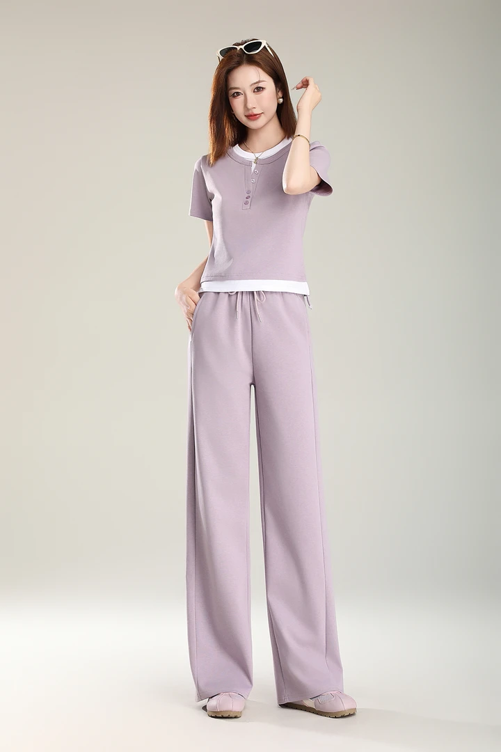 0226INS风时尚假两件短袖套装白色休闲风宽松阔腿裤直筒时尚夏装