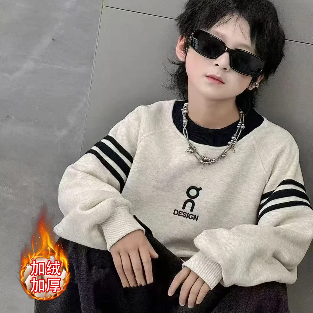 （加绒加厚）2025年儿童字母时尚卫衣套头休闲圆领秋冬季加绒长袖YH